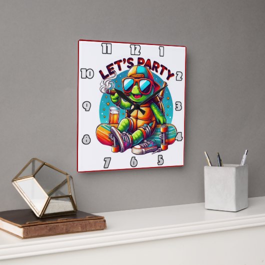 Skateboard Chill-vibes auf Schildkröten-Party Quadratische Wanduhr (Büro)
