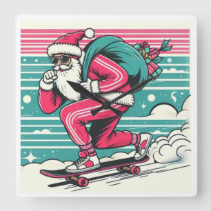 Skateboard fahrender Weihnachtsmann Quadratische Wanduhr