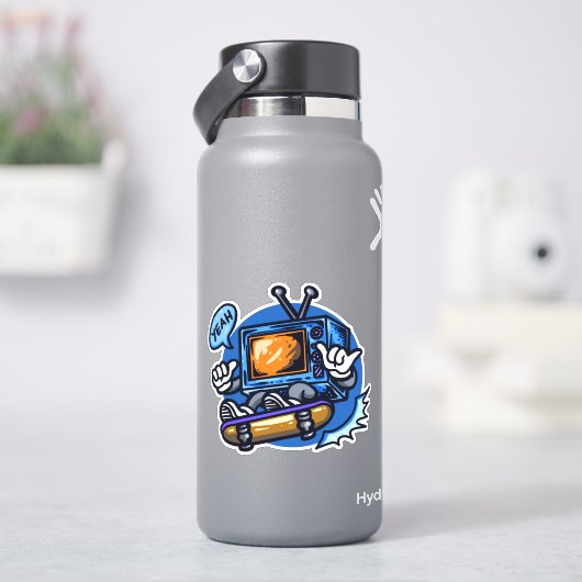 Skateboard Fernsehen Blue Brown 4" Kiss Cut Vinyl Aufkleber (HydroFlask)