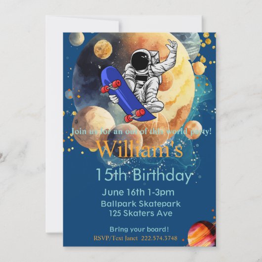 Skateboard Geburtstag, Astronaut Geburtstag, Weltr Einladung (Vorderseite)