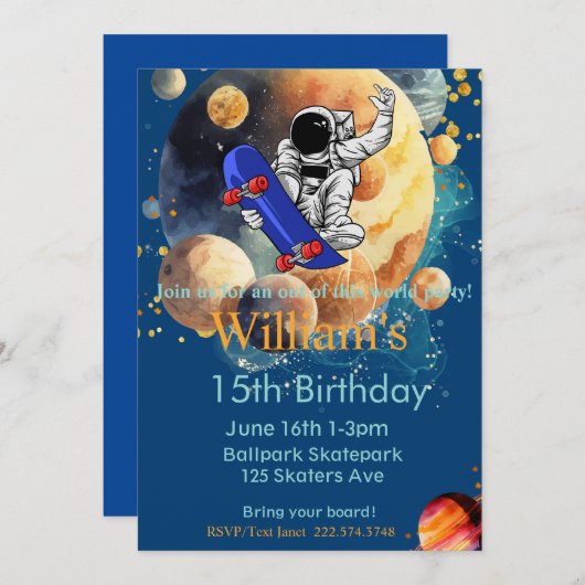 Skateboard Geburtstag, Astronaut Geburtstag, Weltr Einladung (Vorne/Hinten)