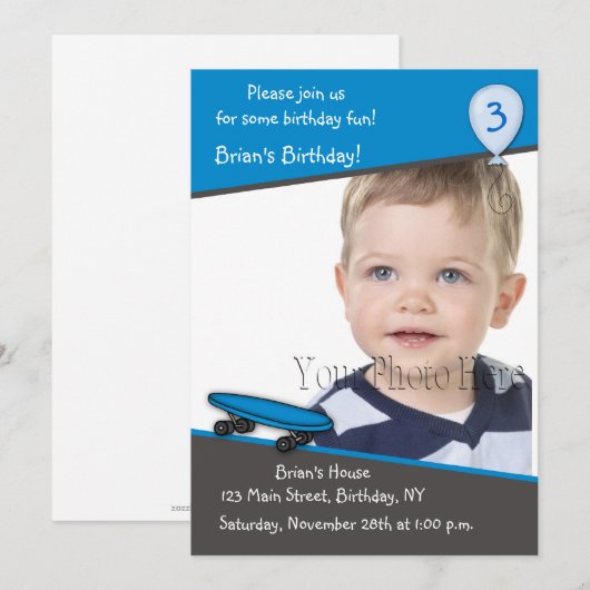 Skateboard Geburtstags-Foto Einladung (Vorne/Hinten)