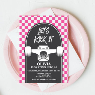 Skateboard Let's Kick It PINK Geburtstagseinladung Einladung
