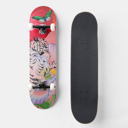 SKATEBOARD MIT TIGER UND POPPIES (Vorderseite)