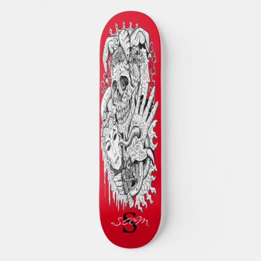Skateboard-Monogramm-Totenkopf-Skelett-Hofnarr Skateboard (Vorderseite)
