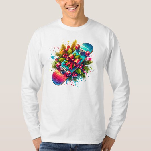 Skateboard Red Bow Pine Branches T-Shirt (Vorderseite)