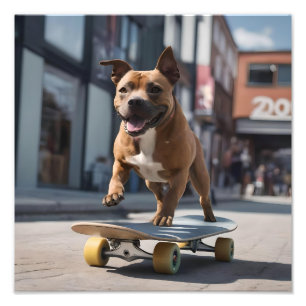 Skateboard-Stunt: Ein Staffy in Bewegung Fotodruck