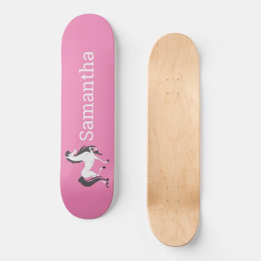Skateboard Weißes Pferd Rosa Glitzer (Vorderseite)