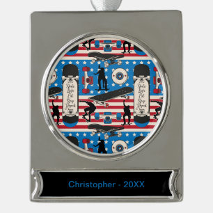 Skateboarden Patriotisch USA Skateboarder Banner-Ornament Silber