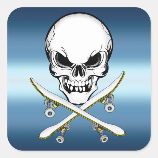 Skateboarder-Aufkleber mit blauem Skull Quadratischer Aufkleber (Vorderseite)