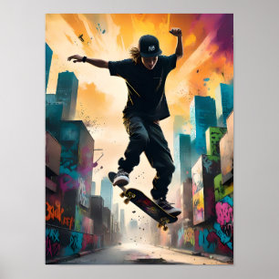 Skateboarder in Flight - Dynamischer Mittellufttri Poster