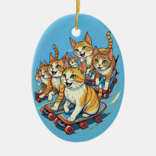Skateboardfahrende Katzen in Bewegung Keramik Ornament