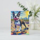Skateboarding Boston Terrier Farbenfrohe Spaß Surr Postkarte (Stehend Vorderseite)