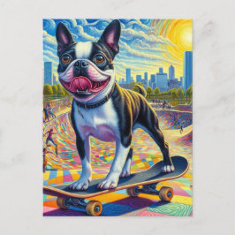 Skateboarding Boston Terrier Farbenfrohe Spaß Surr Postkarte