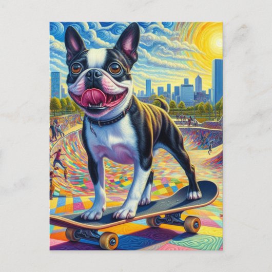 Skateboarding Boston Terrier Farbenfrohe Spaß Surr Postkarte (Vorderseite)
