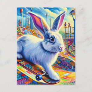 Skateboarding Bunny Surreal Farbe und Spaß Postkarte