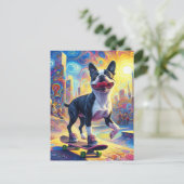 Skateboarding Colorful Surreal Boston Terrier Postkarte (Stehend Vorderseite)