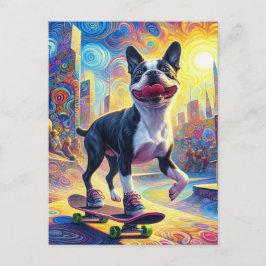 Skateboarding Colorful Surreal Boston Terrier Postkarte