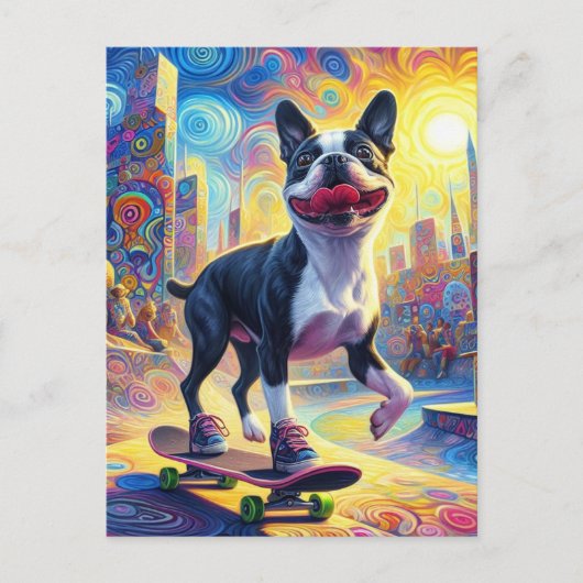 Skateboarding Colorful Surreal Boston Terrier Postkarte (Vorderseite)