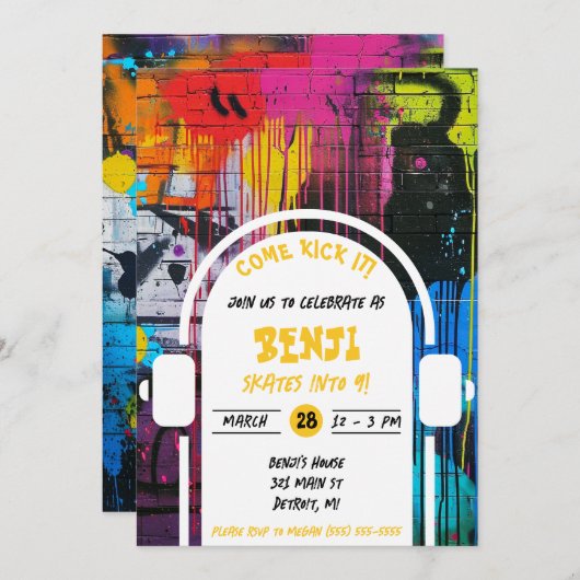 Skateboarding, Come Kick It Graffiti Birthday Part Einladung (Vorne/Hinten)