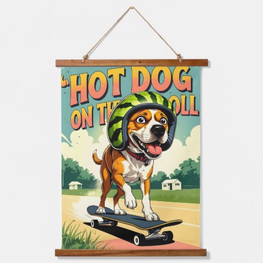 Skateboarding Dog Summer Funny Retro Beach Wandteppich Mit Holzrahmen (Vorderseite)