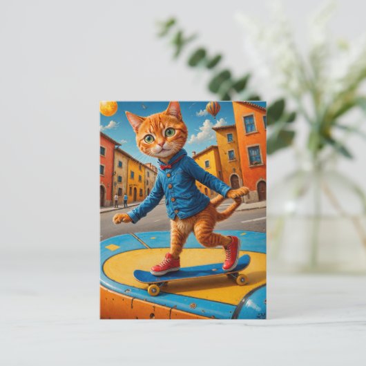 Skateboarding Ginger Cat Postkarte (Stehend Vorderseite)