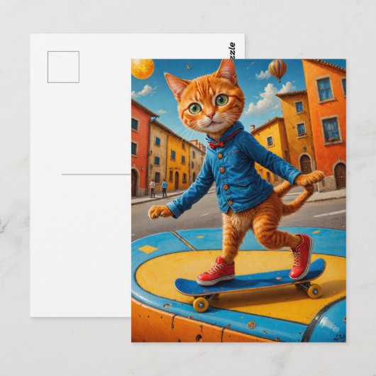 Skateboarding Ginger Cat Postkarte (Vorne/Hinten)