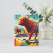 Skateboarding Highland Cow Colorful and Fun Postkarte (Stehend Vorderseite)