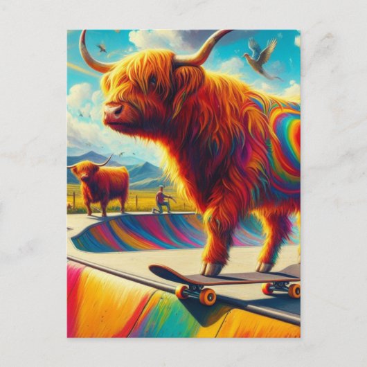Skateboarding Highland Cow Colorful and Fun Postkarte (Vorderseite)