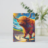 Skateboarding Highland Kuh farbenfroher Spaß Surre Postkarte (Stehend Vorderseite)