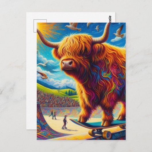 Skateboarding Highland Kuh farbenfroher Spaß Surre Postkarte (Vorne/Hinten)