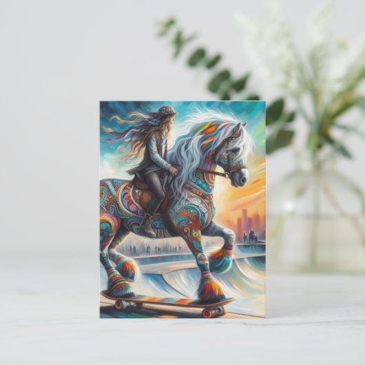 Skateboarding Horn and Rider Postkarte (Stehend Vorderseite)