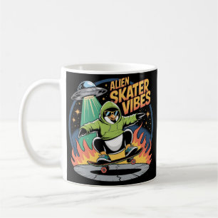 Skateboarding Pinguin Under UFO Funny Cartoon Kaffeetasse