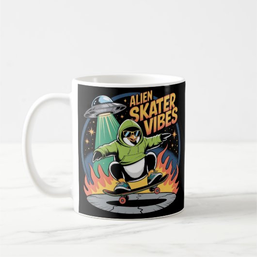 Skateboarding Pinguin Under UFO Funny Cartoon Kaffeetasse (Links)
