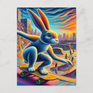Skateboarding Rabbit farbenfroher Spaß surreal Postkarte