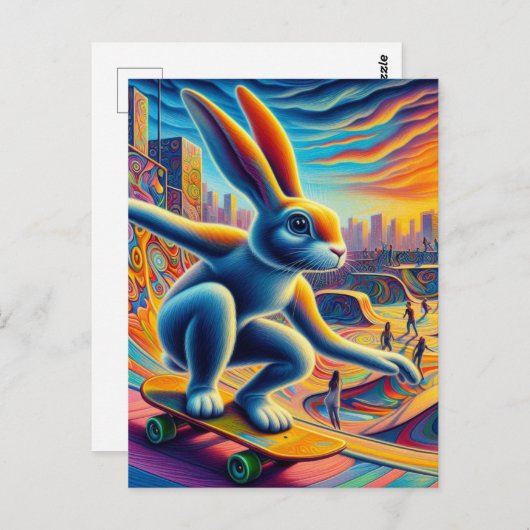 Skateboarding Rabbit farbenfroher Spaß surreal Postkarte (Vorne/Hinten)