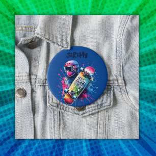 Skateboarding Skater Happy Birthday Monogram Blue Button