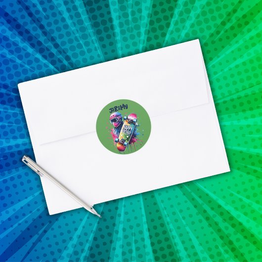 Skateboarding Skater Happy Birthday Monogram Gr | Runder Aufkleber