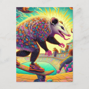 Skateboarding Surreal Adable Opossum Postcard Postkarte
