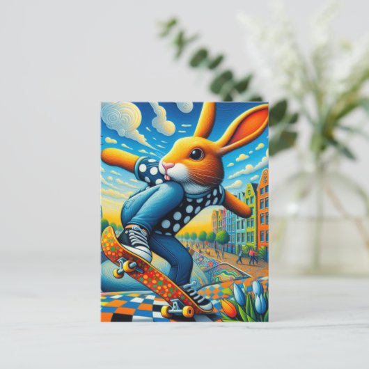 Skateboarding Surreal Adable Rabbit Postkarte (Stehend Vorderseite)