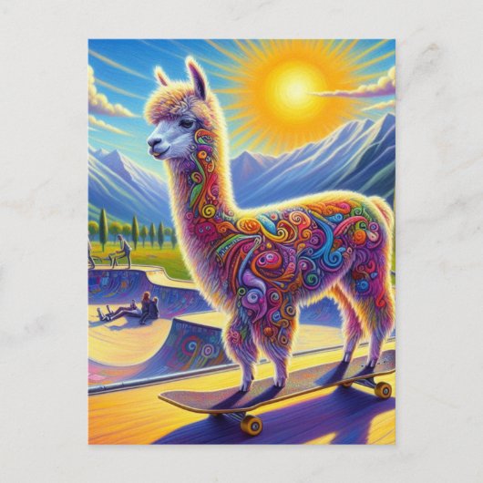 Skateboarding Surreal Adorable Alpaca Postkarte (Vorderseite)