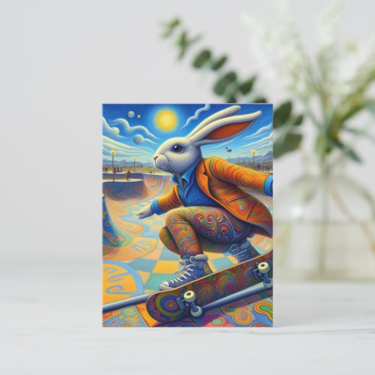 Skateboarding Surreal Colorful and Fun Rabbit Postkarte (Stehend Vorderseite)