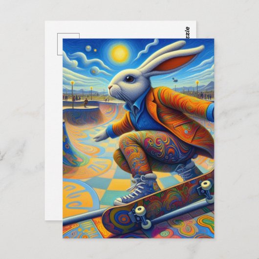 Skateboarding Surreal Colorful and Fun Rabbit Postkarte (Vorne/Hinten)