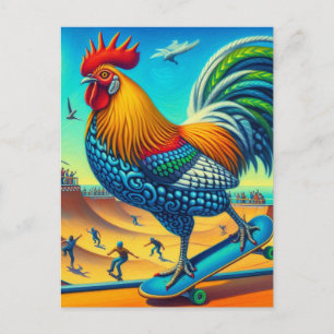 Skateboarding Surreal Farbenfroh und Spaß Rooster Postkarte