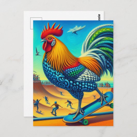 Skateboarding Surreal Farbenfroh und Spaß Rooster Postkarte (Vorne/Hinten)