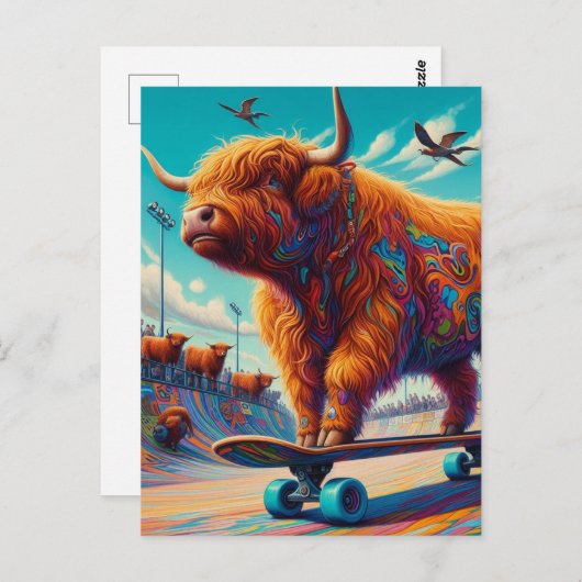 Skateboarding Surreal Highland Cow Postkarte (Vorne/Hinten)