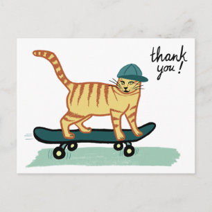 Skateboarding Tabby Cat DANKE Postkarte