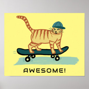 Skateboarding Tabby Cat Niedlich CUSTOM TEXT Kinde Poster