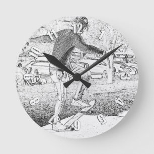 Skateboarding Trickster Sketch Round Clock Runde Wanduhr