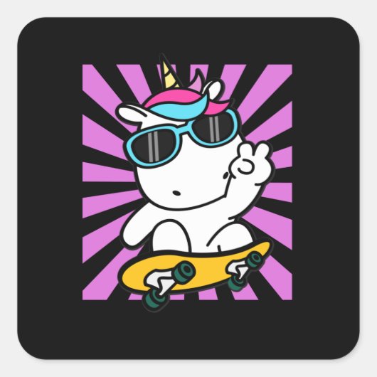 Skateboarding Unicorn Niedlich Kawaii Skater Quadratischer Aufkleber (Vorderseite)